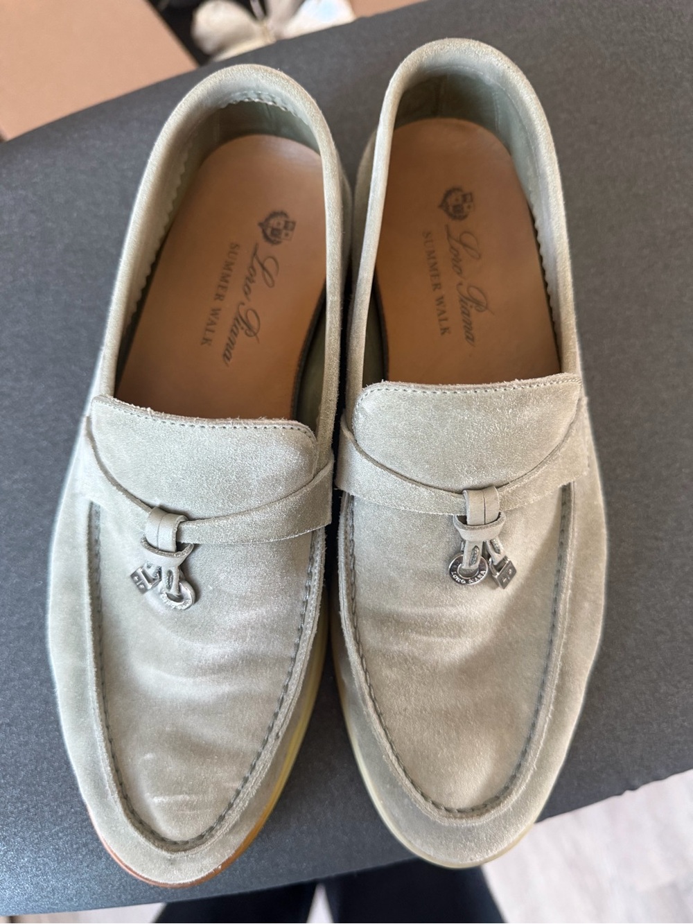 Loro Piana Womens Suede Loafers in Light Gray
